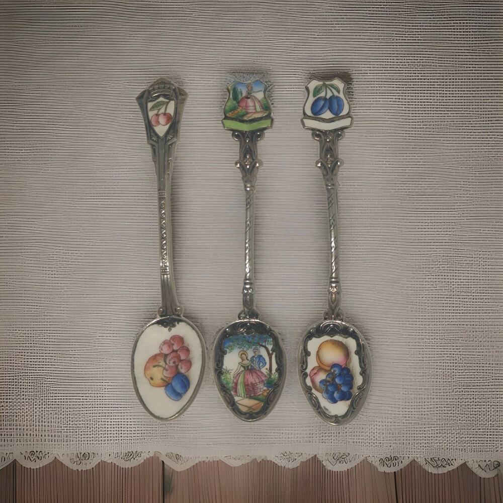 Klepa Arts Czechoslovakia 3 Enamel & Metal Spoons Fruit Victorian Couple Scroll